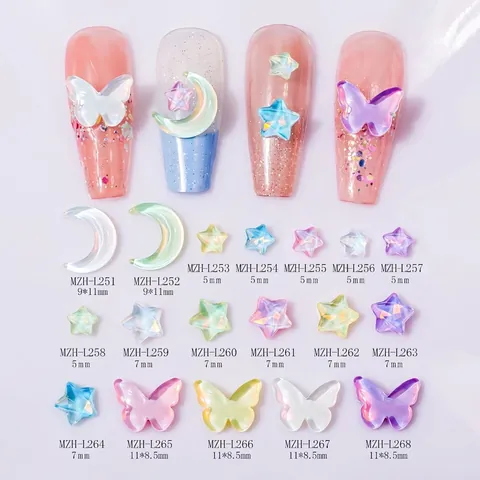 Charmes Pour Nail Art Aurora Iridescent Lune Étoile Papillon En Verre K9 Résine Strass DIY Manucure Décoration Accessoires