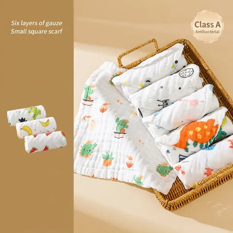 Baby Washcloths Square Towels 100 Percent Combed Cotton 6 Layer Muslin Gauze Soft Absorbent Cartoon Print Newborns