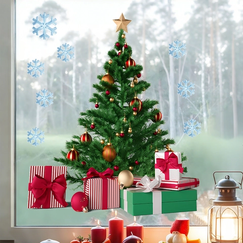 Christmas Tree Window Stickers PVC Static Cling Glass Decals For Xmas Party Home Shop Window Decoration Reusable Waterproof