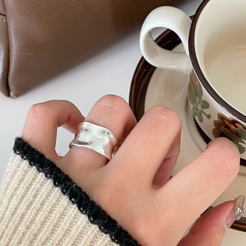 925 Sterling Silver Ring Irregular Wave Minimalist Adjustable Open Wide Band Geometric Hammered Texture For Women