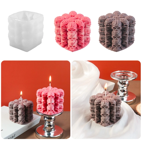 Skull Magic Cube Silicone Mold 3D Multi-Skull Stacked DIY Gothic Aromatherapy Candle Handmade Soap Cake Baking Tool Halloween