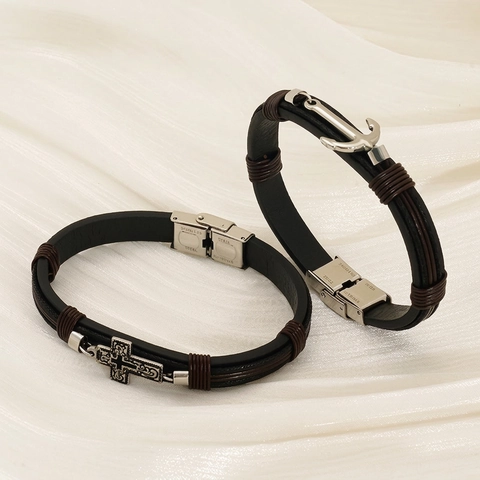 Bracciale In Pelle Vintage Da Uomo Con Ciondolo Croce Ancora In Acciaio Inossidabile Intrecciato Gioielli Nautici