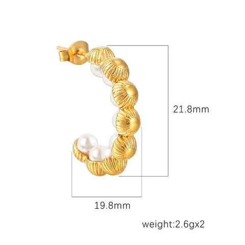Vintage Pleated C Shaped Hoop Earrings With Stainless Steel 18K Gold Plated And White Artificial Pearls For Women Retro Elegant