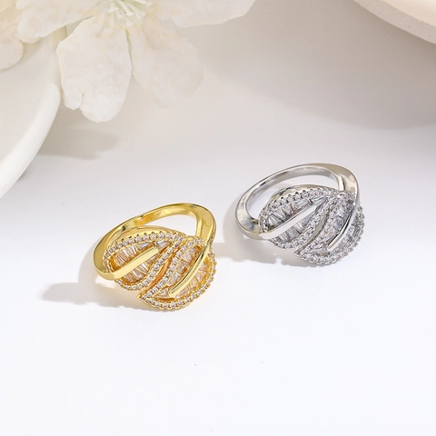 Anello Aperto a Foglia di Natura Per Donne Rame Intarsiato Zirconia Regolabile Geometria Luce Lusso Moda Anello Gioielli Regalo
