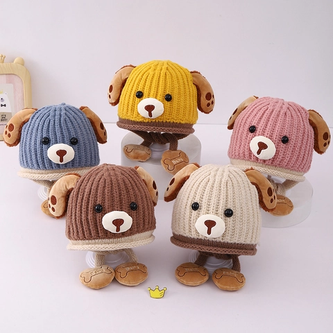 Kids Knitted Ear Protection Hat Thickened Warm Winter Acrylic Cartoon Dog Design Bone Pendant For Boys Girls