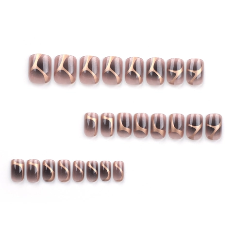 Press On Nails Brown Gradient With Gold Geometric Lines And Glitter Short Square Round Art Decor Resin Artificial Fingernails For Women