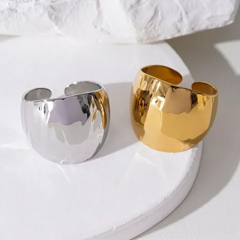 Gehämmerte Textur Breiter Ring 18K Vergoldet Edelstahl Offen Verstellbar Minimalistischer Schmuck Damen