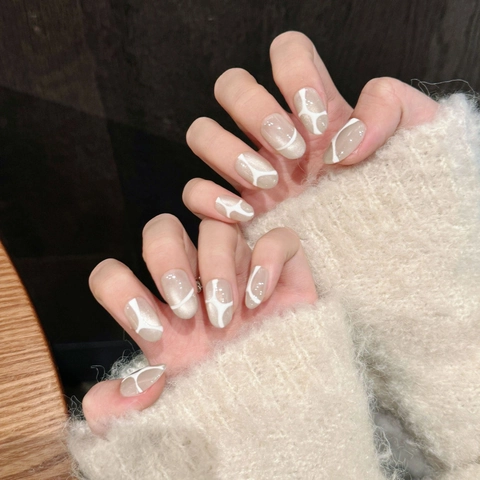 Unghie Finte Da Premere Fatte A Mano Occhio Di Gatto Luccicanti Nude Bianco Marmo Ovali Manicure Elegante