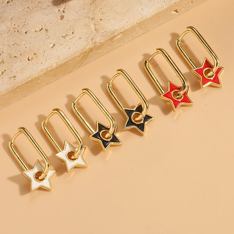 Minimalistische Koperen Ster Hangende Oorbellen Vergulde Rechthoekige Ring Emaille Pentagram Oorbellen Voor Dames