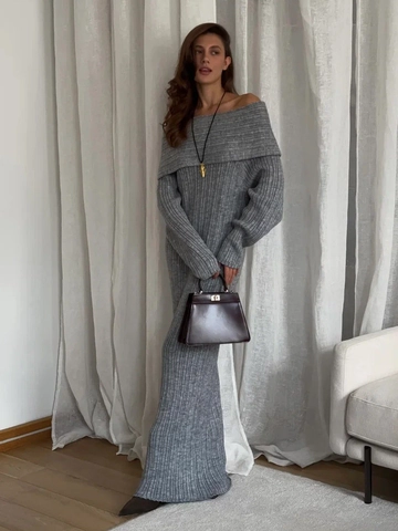 Off Shoulder Knit Maxi Dress Long Sleeve Ribbed Slim Fit Bodycon Elegant Viscose Polyester Nylon Women