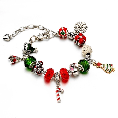 Bracelet À Breloques De Noël En Perles Alliage Émail Cristal De Verre Père Noël Arbre Flocon De Neige Bijoux Vacances Femmes
