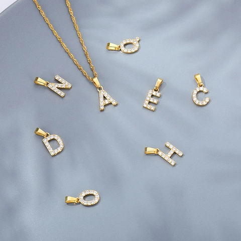 Vintage Stainless Steel English Letter Pendant Necklace For Women Gold Plated Zirconia Water Wave Chain Fashion Jewelry