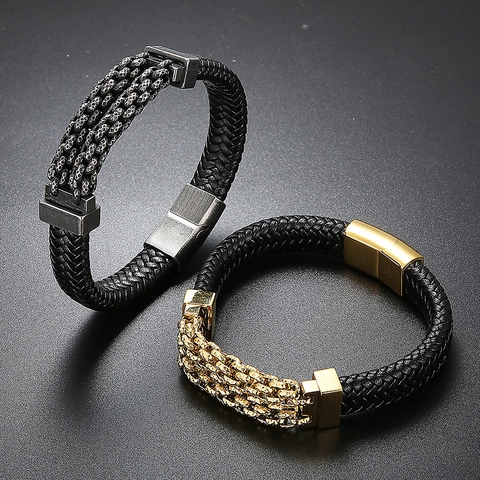 Bracelet En Cuir Véritable Tressé Pour Homme Avec Chaîne En Acier Inoxydable Et Fermoir Magnétique Style Punk