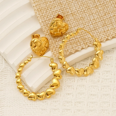 Orecchini A Cuore Da Donna Placcati In Oro 18K Acciaio Inossidabile 304 Impermeabile Ipoallergenico Trama Intrecciata Gioielli