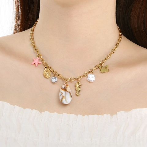 Collar Con Múltiples Colgantes Tema Océano Acero Inoxidable Con Dijes De Concha Estrella De Mar Caballito De Mar Cangrejo Color Dorado Joyería Mujer