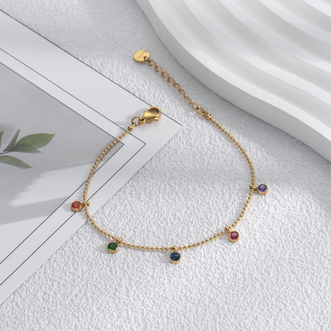 French Design Round Zirconia Titanium Steel Bracelet Women Elegant Gold Plated Jewelry Multicolor Stone Station Chain Bracelet
