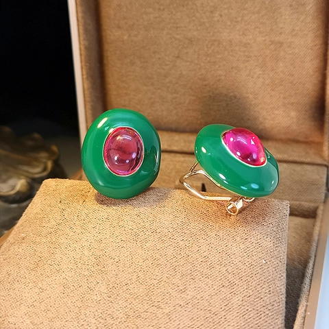Pendientes de Clip de Esmalte de Cobre Ovalados Vintage Franceses para Mujer Joyería Sin Perforación Temperamento Compacto Todo Combinado