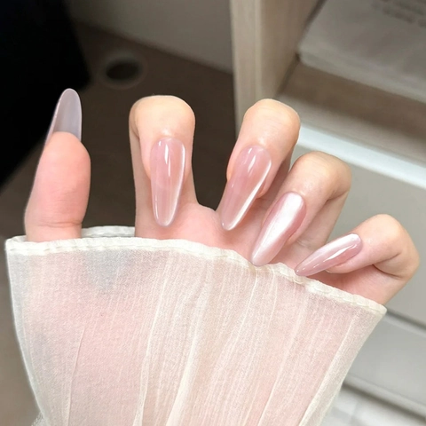 Cat Eye Aufklebbare Nägel Pfirsichrosa Mandelform Glänzend Lange Künstliche Nägel Für Frauen Elegante Maniküre ABS Kunststoff