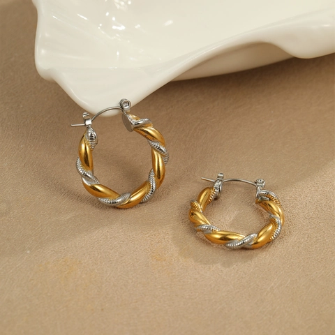 Orecchini A Cerchio Torsione Bicolore Placcati Oro 18K In Acciaio Inossidabile Gioielli Di Moda Per Donne Alta Qualità