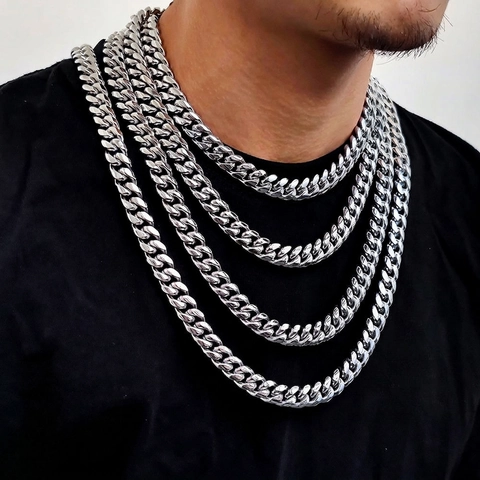 Set di Gioielli con Catena a Maglia Cubana in Acciaio Inossidabile Hip Hop per Uomo Donna Collana Bracciale Color Oro Argento