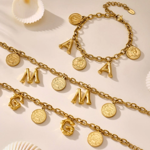 Stainless Steel Bracelet For Women 18K Gold Plated Coin Pendant Alphabet Initial Letter Retro Elegant Link Chain