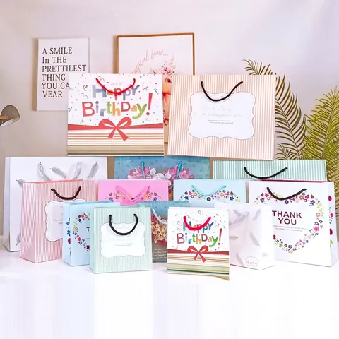 Paper Gift Bags With Handles Cardstock Packaging Handbags For Birthday Wedding Party Floral Heart Patterns