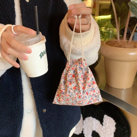 Vintage Floral Corduroy Drawstring Pouch Small Cosmetic Jewelry Organizer Makeup Storage Bag For Travel Daily Use
