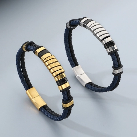 Pulsera De Cuero Genuino Trenzado Para Hombre Con Anillos De Acero Inoxidable Joyería Punk Vintage
