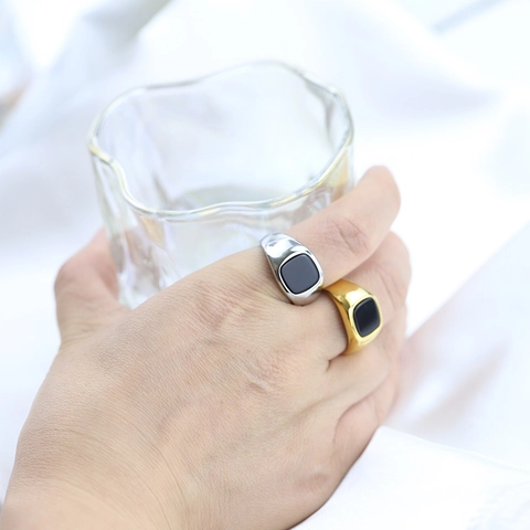 Anillo De Sello Vintage Acero Inoxidable 304 Cuadrado Piedra Negra Pulido Joyería Geométrica Minimalista Para Hombres Mujeres