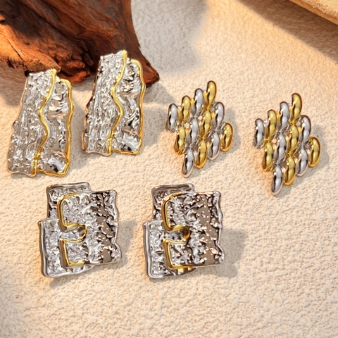 Stainless Steel Stud Earrings Bi-Color Gold Silver Irregular Wrinkled Hammered Texture Retro Style Women