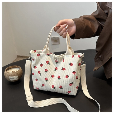 Damen Cord Canvas Tote Tasche Erdbeere Blumenmuster Große Kapazität Umhängetasche Handtasche Mit Verstellbarem Riemen