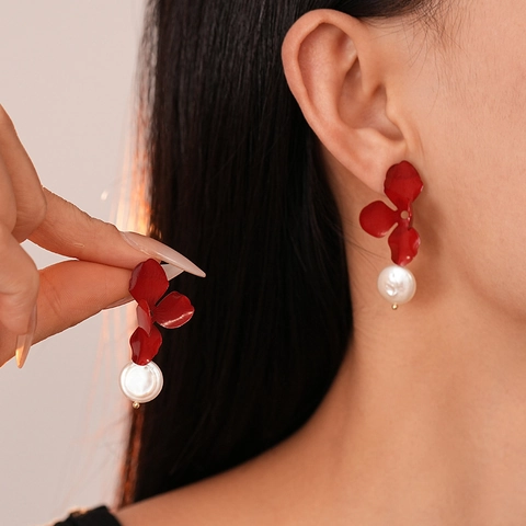 Retro Ancora Rote Blumen Ohrhänger Mit Süßwasserperle Und Silbernem Ohrstecker Elegante Florale Schmuck Für Damen