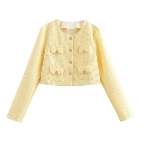 Women Tweed Jacket Short Coat Round Neck Yellow Gold Buttons Long Sleeve Pockets Elegant Vintage Style