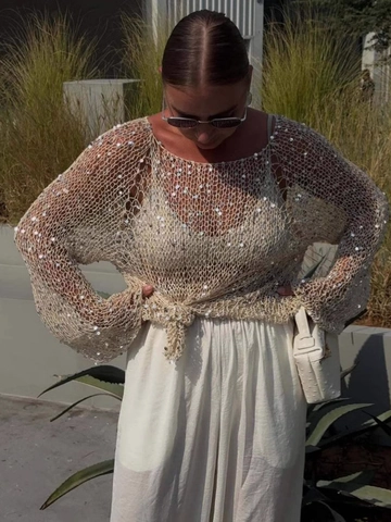 Pull Tricoté Beige À Paillettes Pour Femmes Pull En Maille Ajourée Col Rond Manches Longues Haut Crochet Casual