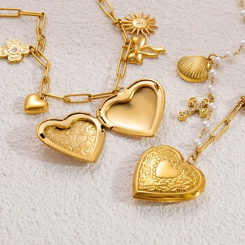 Collar De Pendiente De Cruz Corazón Barroco Vintage Acero Inoxidable Chapado En Oro 18K Perla Artificial Circón Joyería Mujer