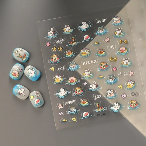 Autocollants De Nail Art En Relief 5D Été Pool Party Animaux De Dessin Animé Décoration De Manucure