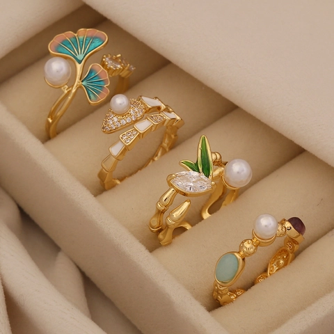 Anello Aperto Regolabile Retrò In Rame Con Perla Artificial Zircone Smalto Design Foglia Di Ginkgo Bambù Serpente Gioielli Eleganti Donna