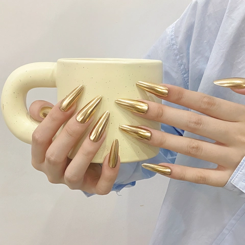 Mirror Chrome Press On Nails Metallic Goud Lange Amandel Stiletto Handgemaakt Afneembare Kunstnagels Voor Vrouwen