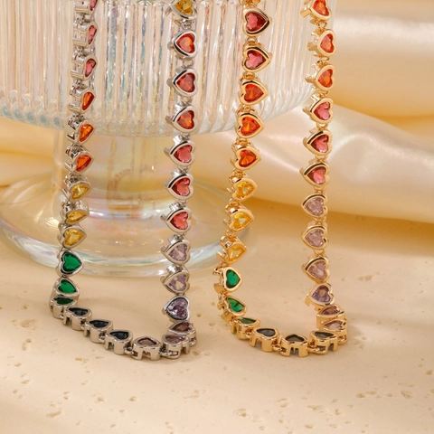 Collana in Rame a Forma di Cuore con Zirconia Colorata Catena Tennis Arcobaleno Gioielli Hip Hop per Donna Regalo Festa Placcato Oro Argento