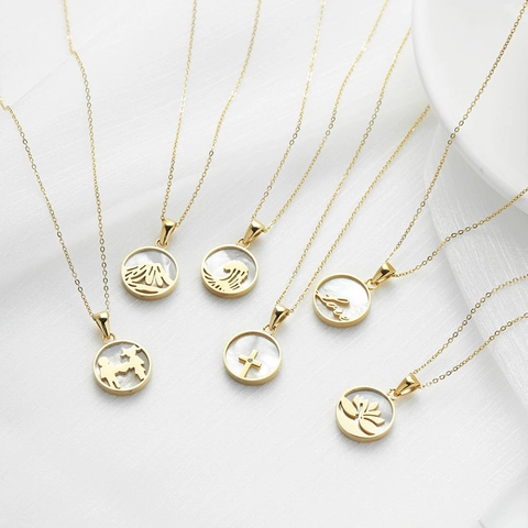 Round Pendant Necklace Stainless Steel Hollow Mother Of Artificial Pearl Mountain Wave Love Design Elegant Jewelry For Women