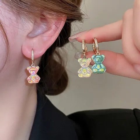 Iridescent Bear Pendant Hoop Earrings With Zircons And Silver Earring Post Sweet Cartoon Animal Jewelry For Women