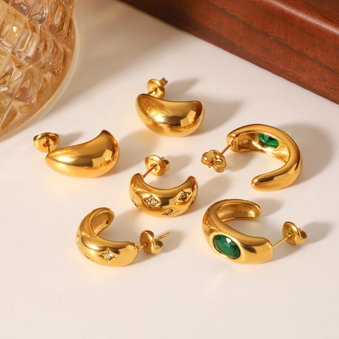 Vintage 18K Gold Plated Stainless Steel Stud Earrings For Women With Zircon C-Shape Teardrop Star Patterns Elegant Jewelry