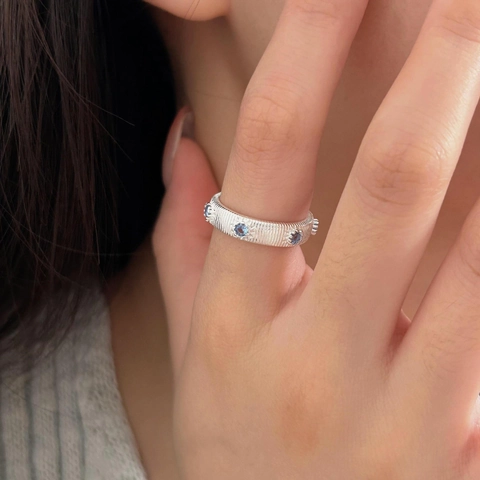 925 Sterling Silver Ring Round Blue Zircon Inlaid Vertical Texture Minimalist Open Adjustable Jewelry For Women