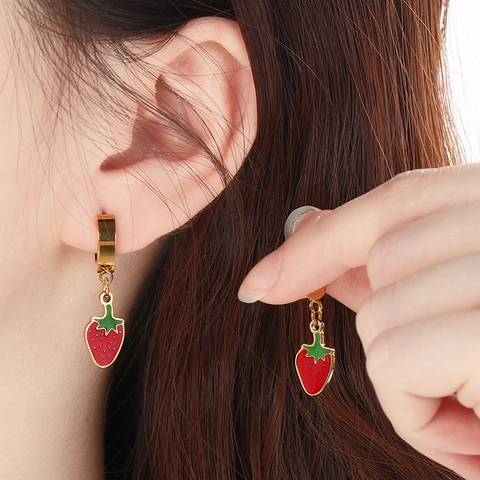 Frucht Anhänger Creolen 18K Vergoldet Edelstahl Süße Erdbeere Kirsche Schmuck Für Frauen Mädchen Sommer Stil