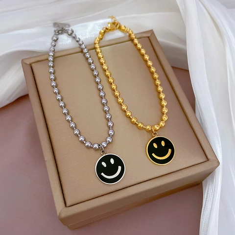 Edelstahl Kugelkette Armband Mit Rundem Perlmutt Smiley Anhänger Retro Süßer Schmuck Geschenk Für Damen