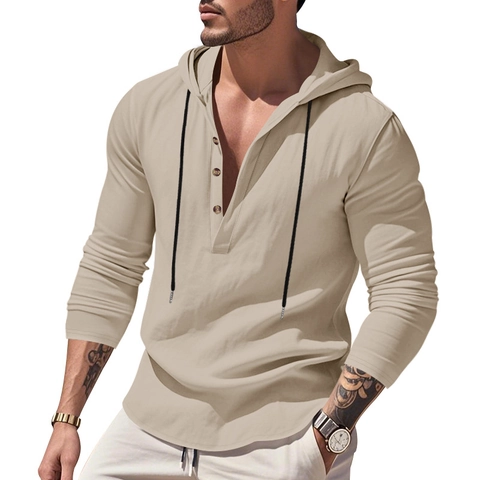 Chemise Henley à Capuche en Mélange de Lin pour Homme Manches Longues Coupe Large Couleur Unie Respirant Haut Mode Plage
