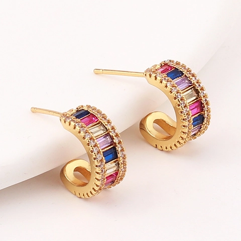 Boucles D'oreilles Créoles En Laiton Plaqué Or Forme C Micro Pavé Zircone Pierre Rectangulaire Colorée Bijoux Géométriques Pour Femmes