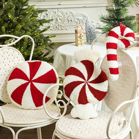 Christmas Candy Cane Peppermint Throw Pillow Red White Sherpa Plush Decorative Cushion For Holiday Home Party Decoration
