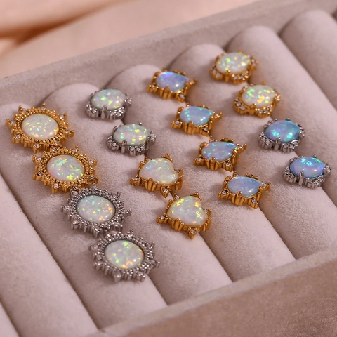Vintage Stainless Steel Artificial Opal Stud Earrings For Women Gold Silver Plated Heart Sun Flower Rhinestone Inlaid Jewelry