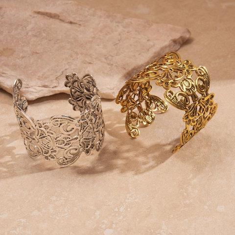 Durchbrochenes Florales Breites Manschettenarmband Vintage Metall Verstellbar Offener Armreif Boho Schmuck Für Damen